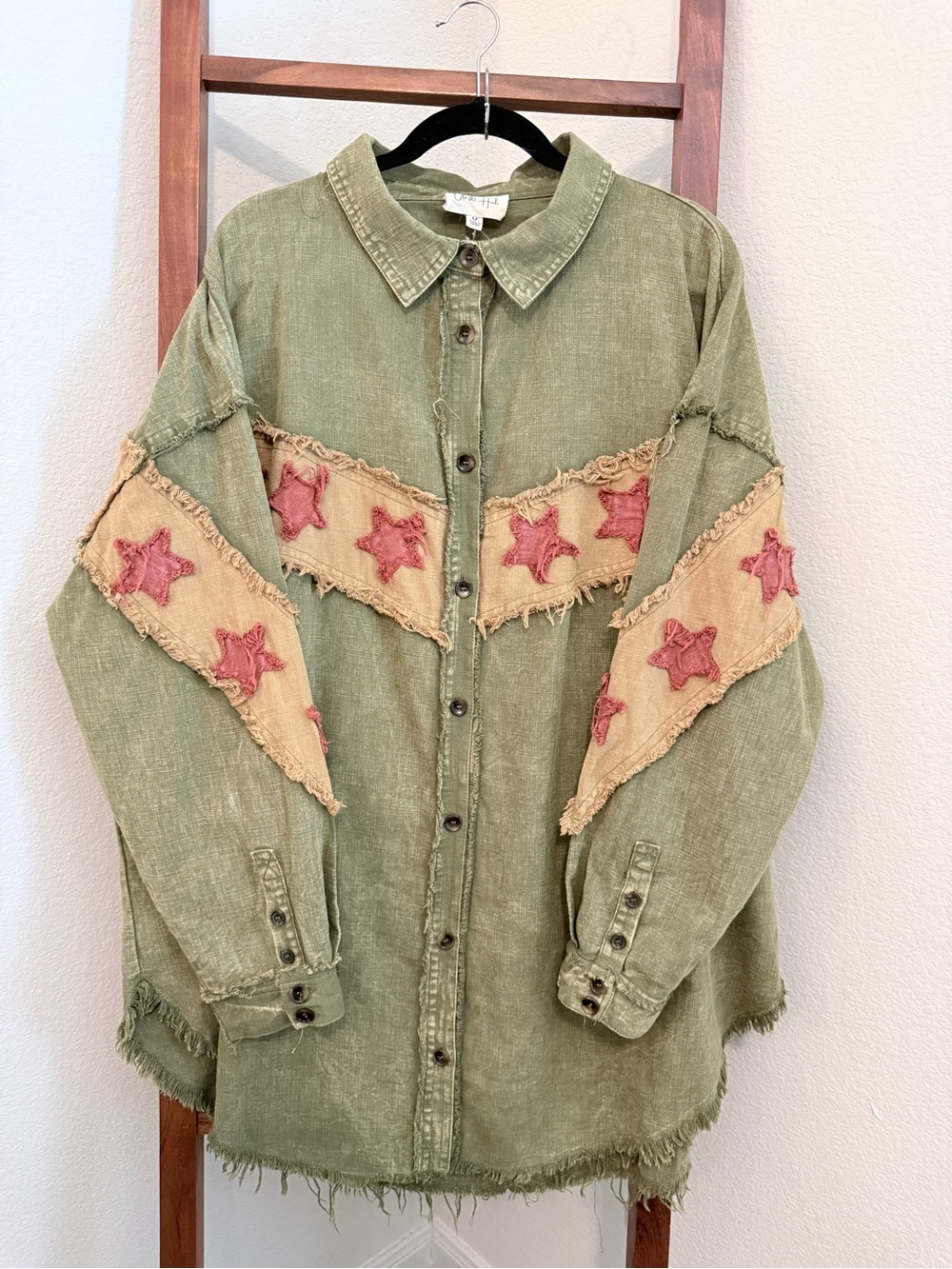 Oli & Hali Olive Green Button-Down Shirt with Red Star Trim